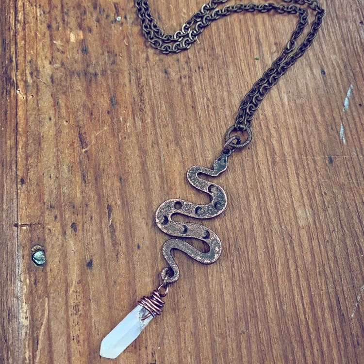 serpent // copper electroformed snake pendant necklace with angel aura quartz crystal by Peacock and Lime