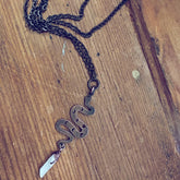 serpent // copper electroformed snake pendant necklace with angel aura quartz crystal by Peacock and Lime