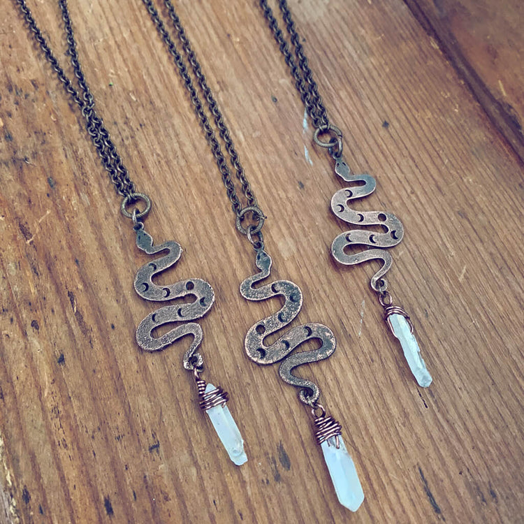 serpent // copper electroformed snake pendant necklaces with angel aura quartz crystal by Peacock and Lime