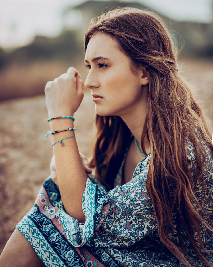 shoreline - brass star wish bracelet - Peacock & Lime