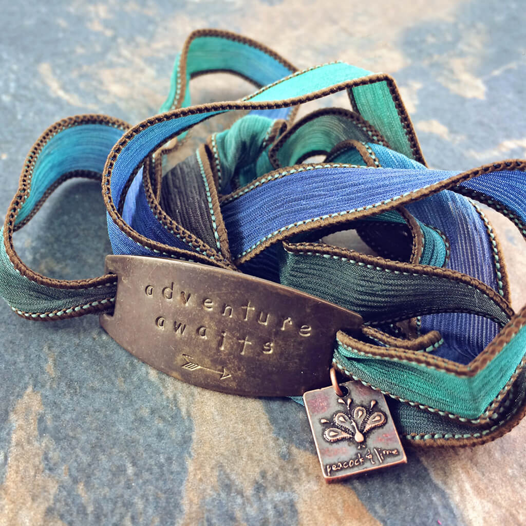 inner spirit // colourful boho brass tag and silk wrap bracelet - adventure awaits by Peacock and Lime