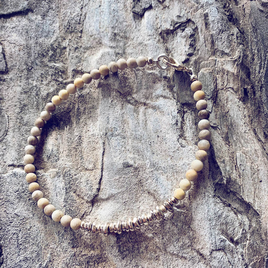 silver leaf jasper asymmetric beaded bracelet - Peacock & Lime