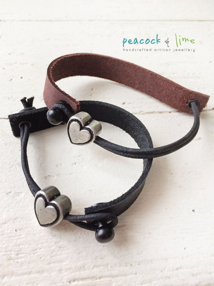 simple modern single strap leather bracelet with pewter heart slider - Peacock & Lime