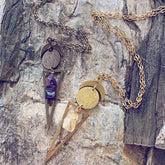 skygazer and night skygazer //  crescent moon, full moon, citrine or amethyst crystal and long triangle pendant necklaces by Peacock and Lime