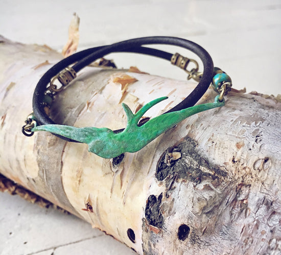 soaring bird leather wrap bracelet // choker - Peacock & Lime