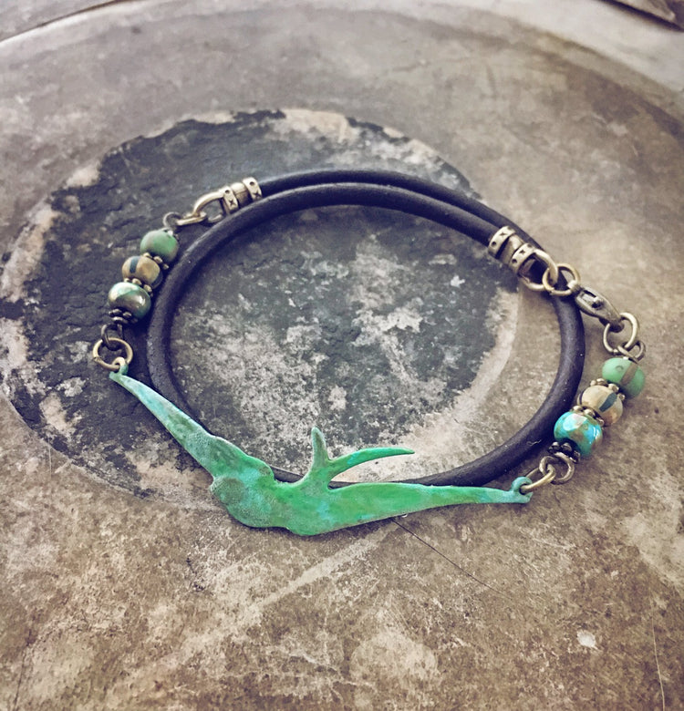 soaring bird leather wrap bracelet // choker - Peacock & Lime