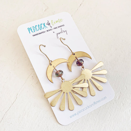 solstice // boho brass sun and crescent moon earrings by Peacock & Lime