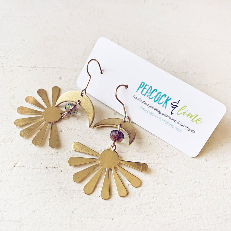 solstice // boho brass sun and crescent moon earrings by Peacock & Lime