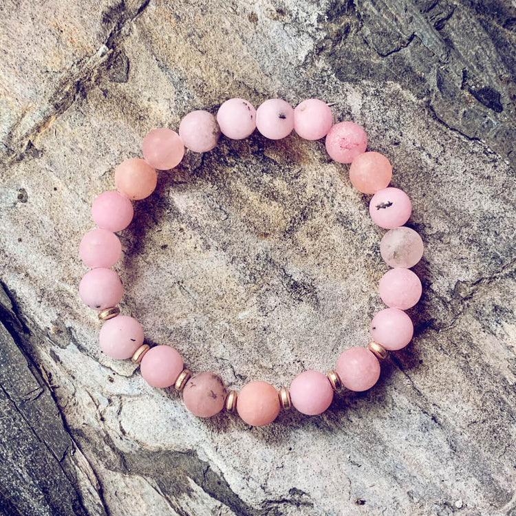 spirit nurturer // cherry blossom jasper and plated rose gold hematite mala bead bracelet - Peacock & Lime