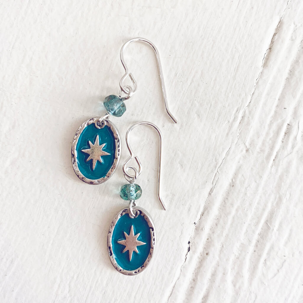 stargazer // enamel and brass oval starburst earrings - silver plated - by Peacock and Lime