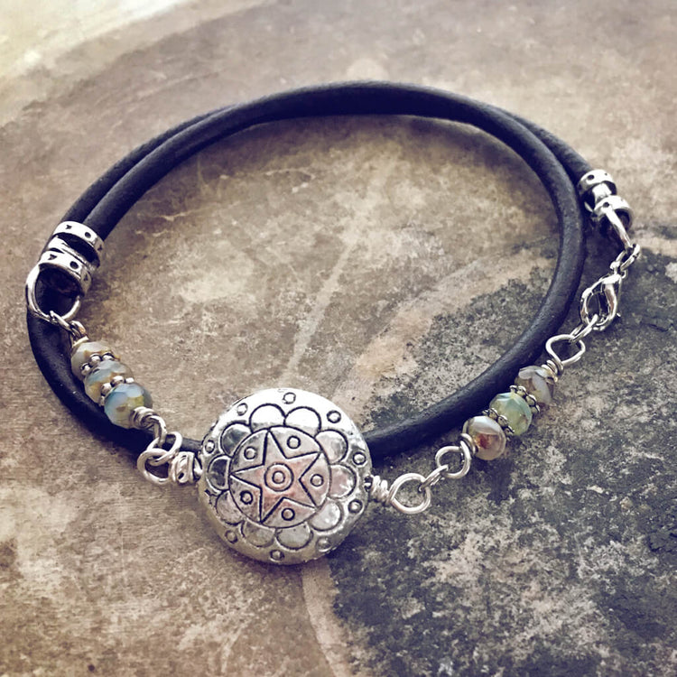 star mandala // silver plated puffed coin & glass bead leather wrap bracelet by Peacock & Lime