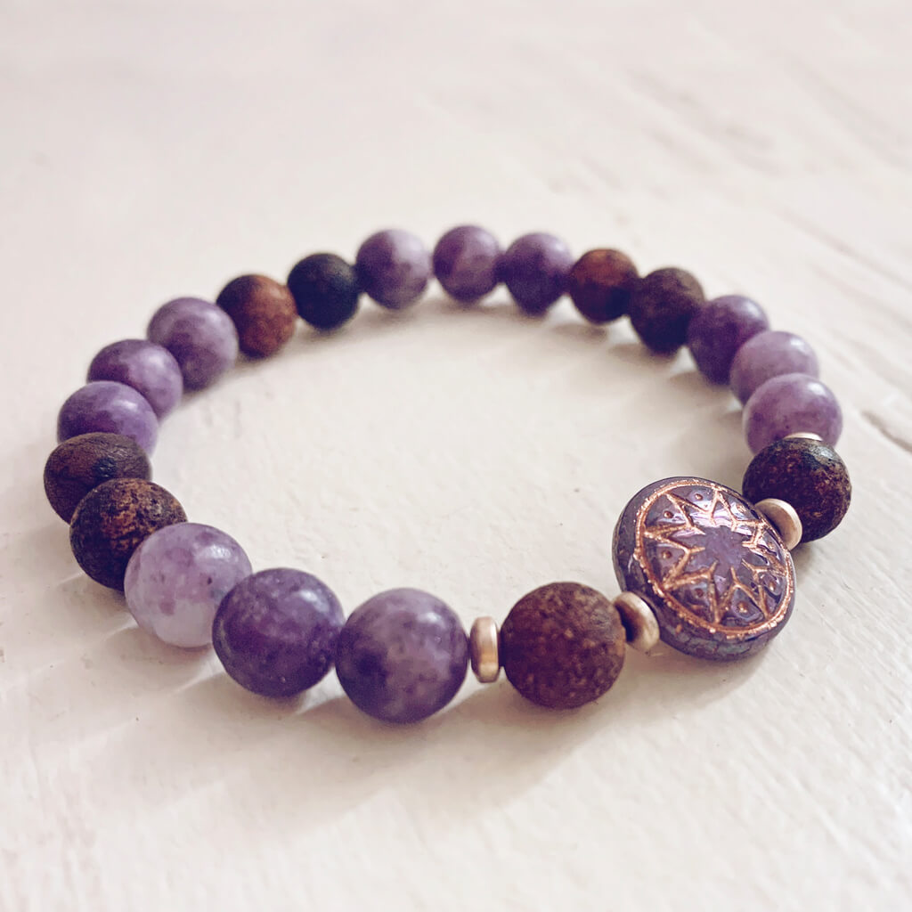 star of venus // beaded lepidolite gemstone bracelet with ishtar bead by Peacock and Lime