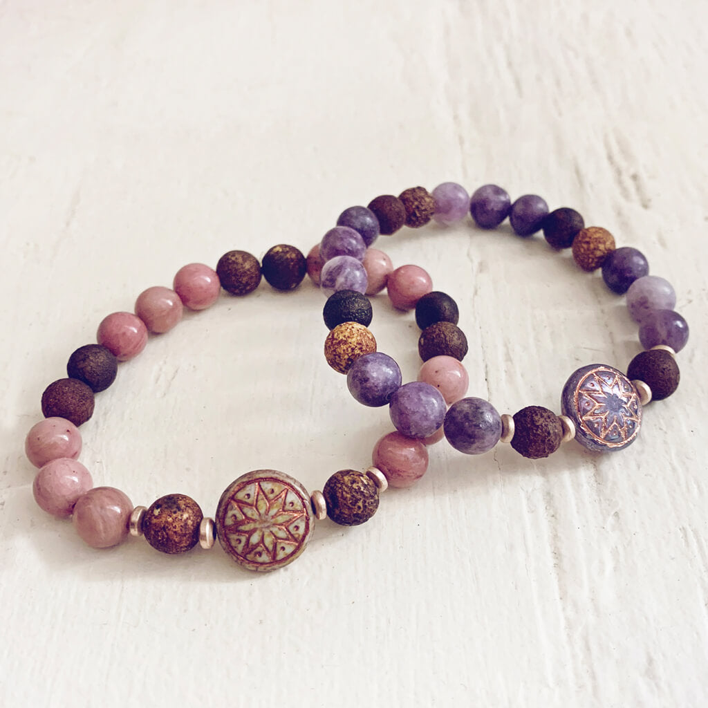 star of venus // beaded rhodochrosite or lepidolite gemstone bracelets with ishtar bead by Peacock and Lime