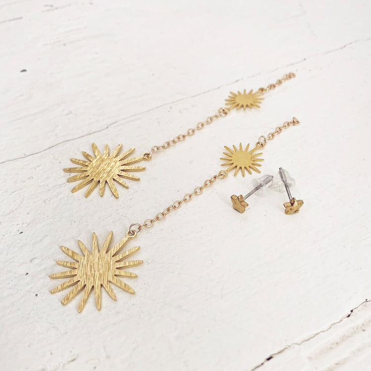 starburst // convertible star post & chain gold brass dangle earrings - shown separated by Peacock & Lime
