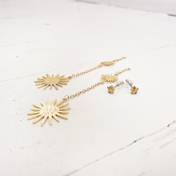 starburst // convertible star post & chain gold brass dangle earrings - shown separated by Peacock & Lime