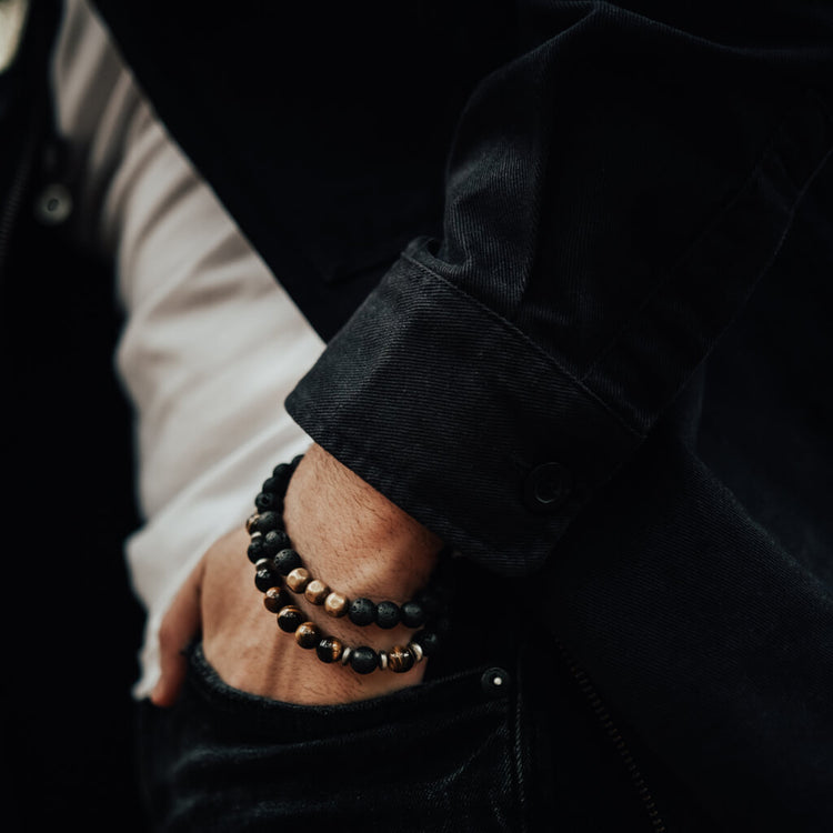 grounded // men's lava and natural brass bead mala bracelet - Peacock & Lime