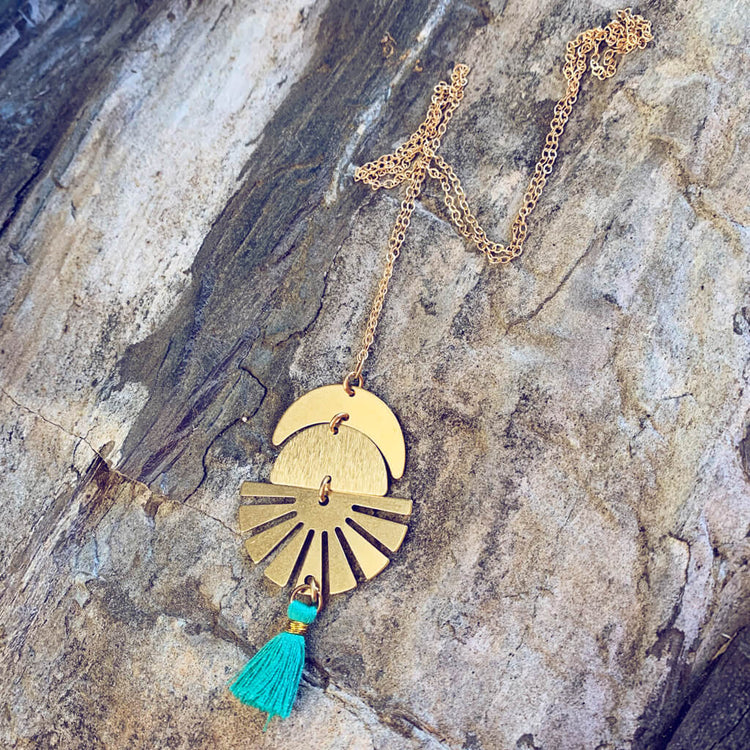 sun down // crescent moon, sun rays & tassel drop necklace by Peacock & Lime