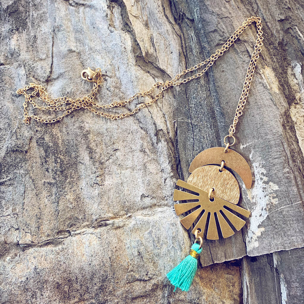 sun down // crescent moon, sun rays & tassel drop necklaces by Peacock & Lime