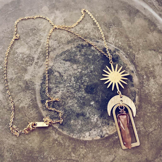 sun gazer // sun, crescent moon & canyon quartz crystal pendant - Peacock & Lime , the original Peacock and Lime boho jewelry