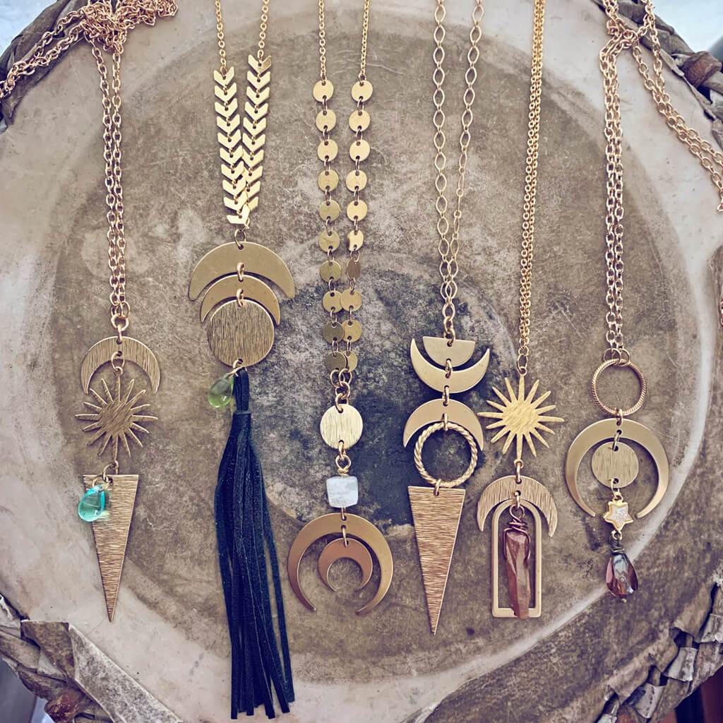 boho brass sun,  moon,  star, geometric necklaces - Peacock & Lime , the original Peacock and Lime boho jewelry