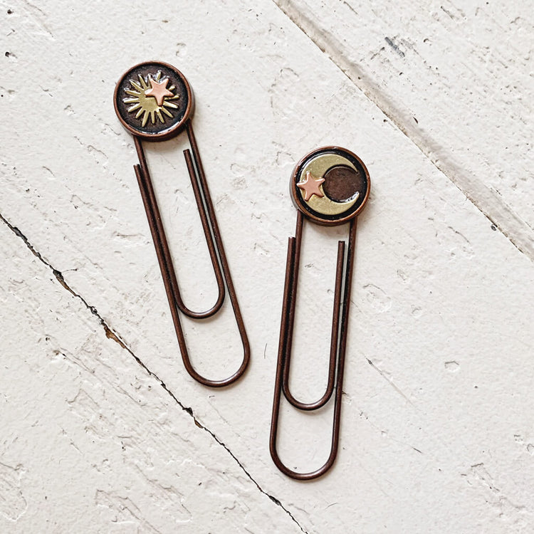 written in the stars // set of 2 sun moon & stars paperclip book or page markers - copper - by Peacock and Lime