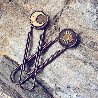 written in the stars // set of 2 sun moon & stars paperclip book or page markers - copper - by Peacock and Lime