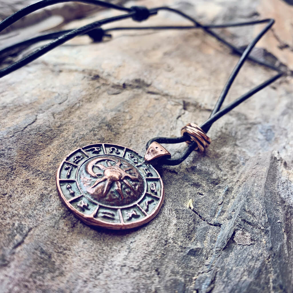 zodiac // men's sun & moon medallion leather necklace - aged copper - Peacock & Lime