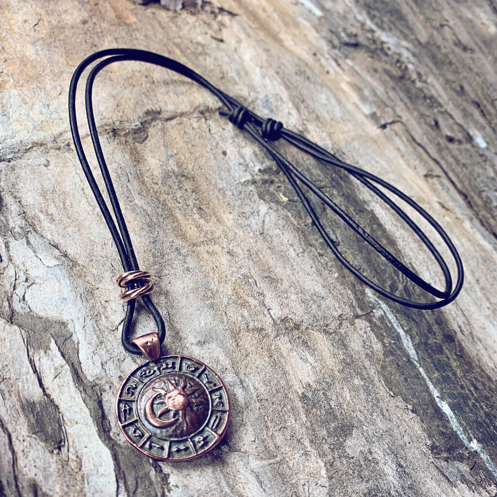 zodiac // men's sun & moon medallion leather necklace - aged copper - Peacock & Lime