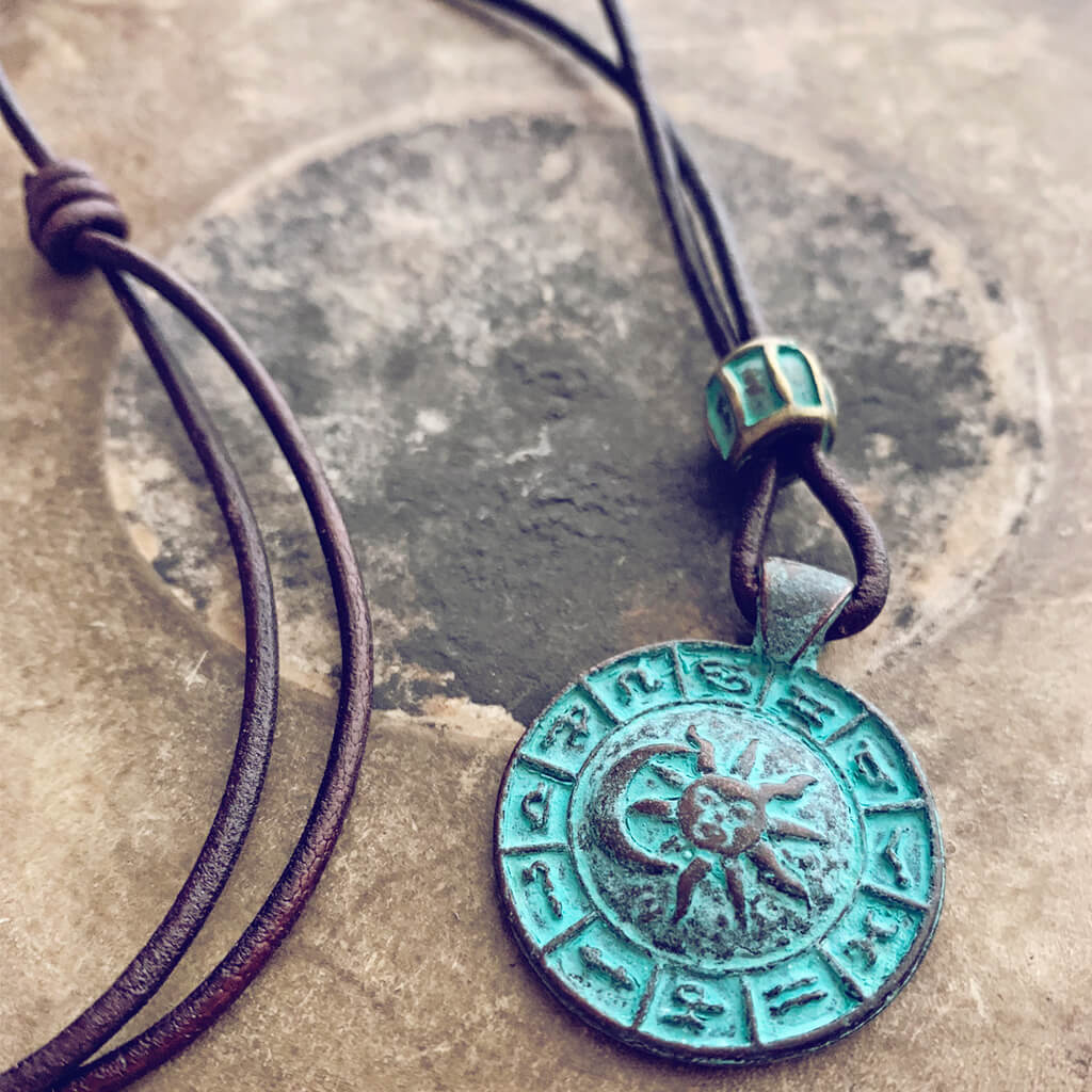 zodiac // men's sun & moon medallion leather necklace - patina - Peacock & Lime
