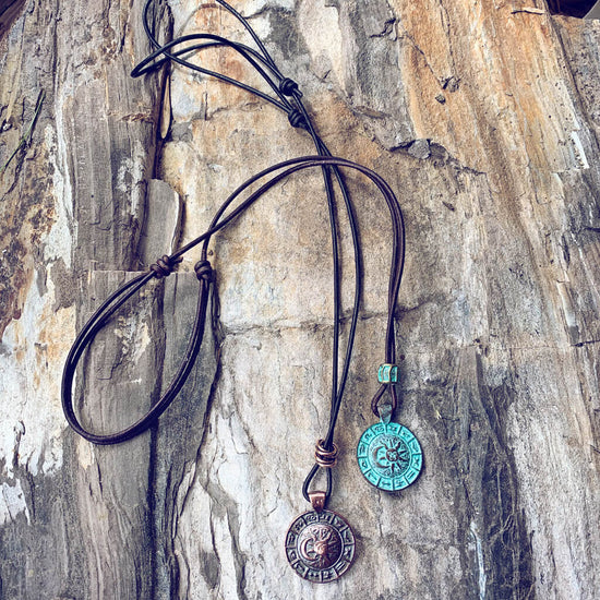 zodiac // men's sun & moon medallion leather necklaces - Peacock & Lime