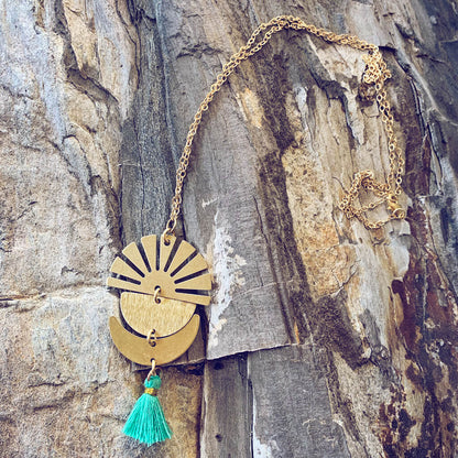 sun up // crescent moon, sun rays & tassel drop necklaces by Peacock & Lime