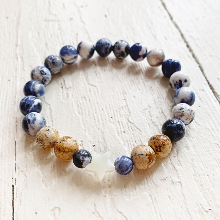 surf & shore // sodalite and picture jasper mala bead bracelet with shell star by Peacock & Lime