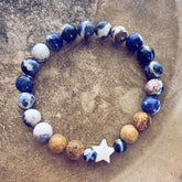 surf & shore // sodalite and picture jasper mala bead bracelet with shell star by Peacock & Lime
