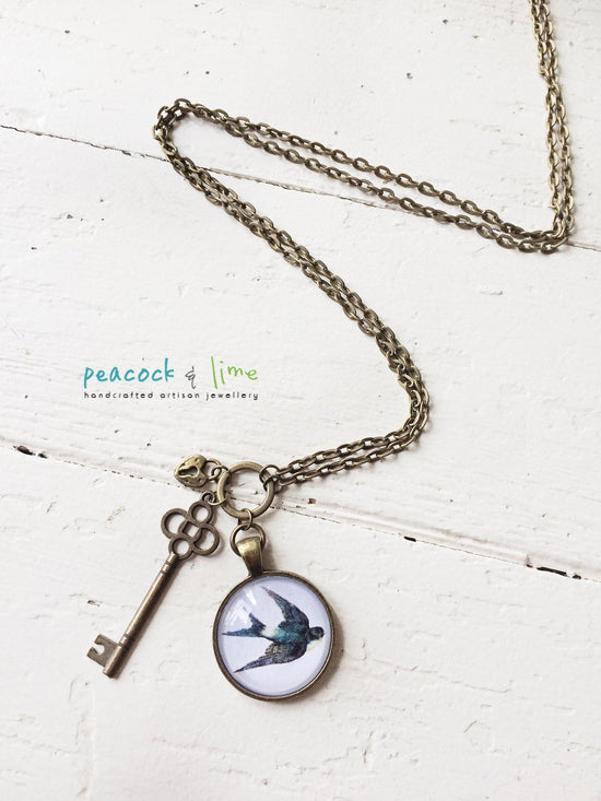 swallow bird, lock and key pendant necklace - Peacock & Lime , the original Peacock and Lime boho jewelry