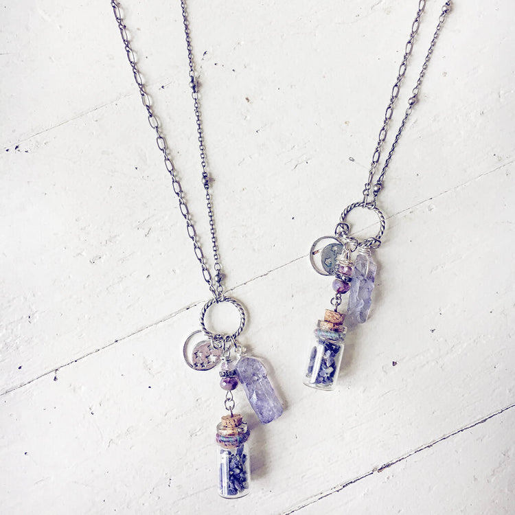 sweet dreams and starry nights lavender bottle quartz necklace - Peacock & Lime boho jewelry