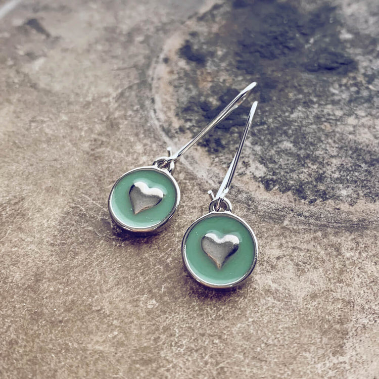 sweetheart / baby boho enamel heart charm earrings - mint green - Peacock & Lime