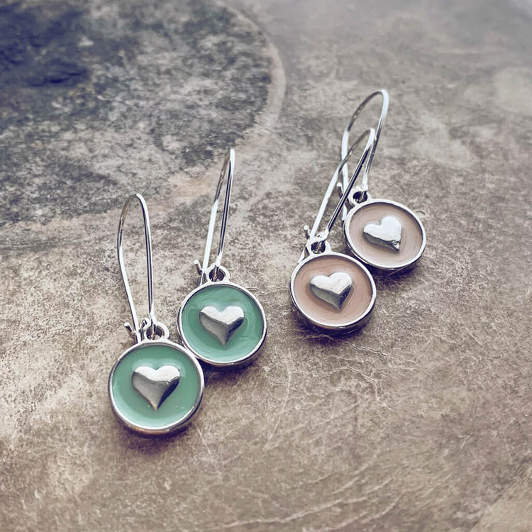 sweetheart / baby boho enamel heart charm earrings - Peacock & Lime