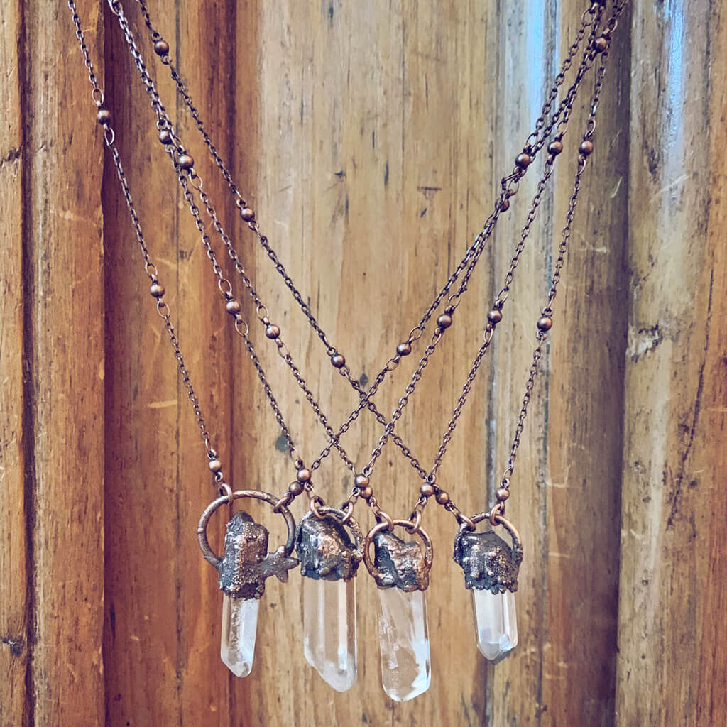 synchronicity II / copper electroplated electroplated quartz  gemstone pendant necklaces - Peacock & Lime