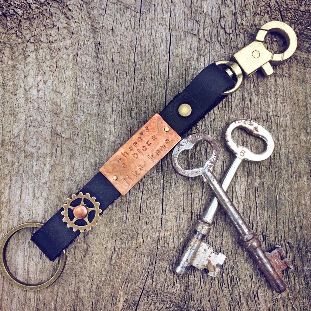 there's no place like home leather and mixed metal key ring // key fob - Peacock & Lime , the original Peacock and Lime boho jewelry