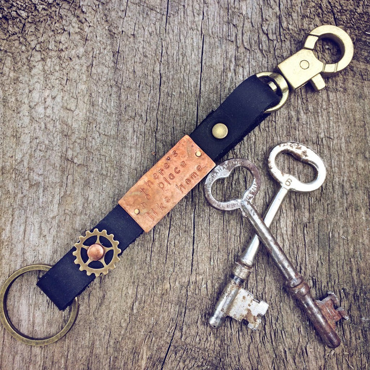 there's no place like home leather and mixed metal key ring // key fob - Peacock & Lime , the original Peacock and Lime boho jewelry