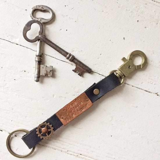 there's no place like home leather and mixed metal key ring // key fob - Peacock & Lime , the original Peacock and Lime boho jewelry