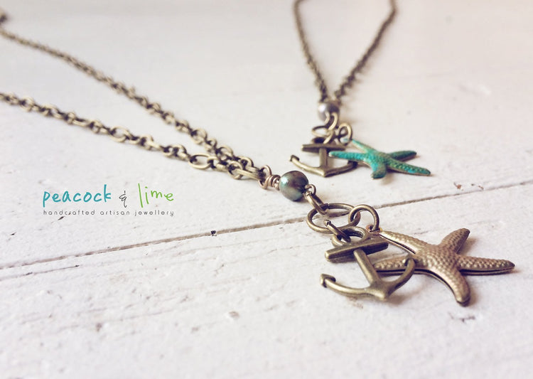 tiny anchor and starfish necklace - Peacock & Lime , the original Peacock and Lime boho jewelry