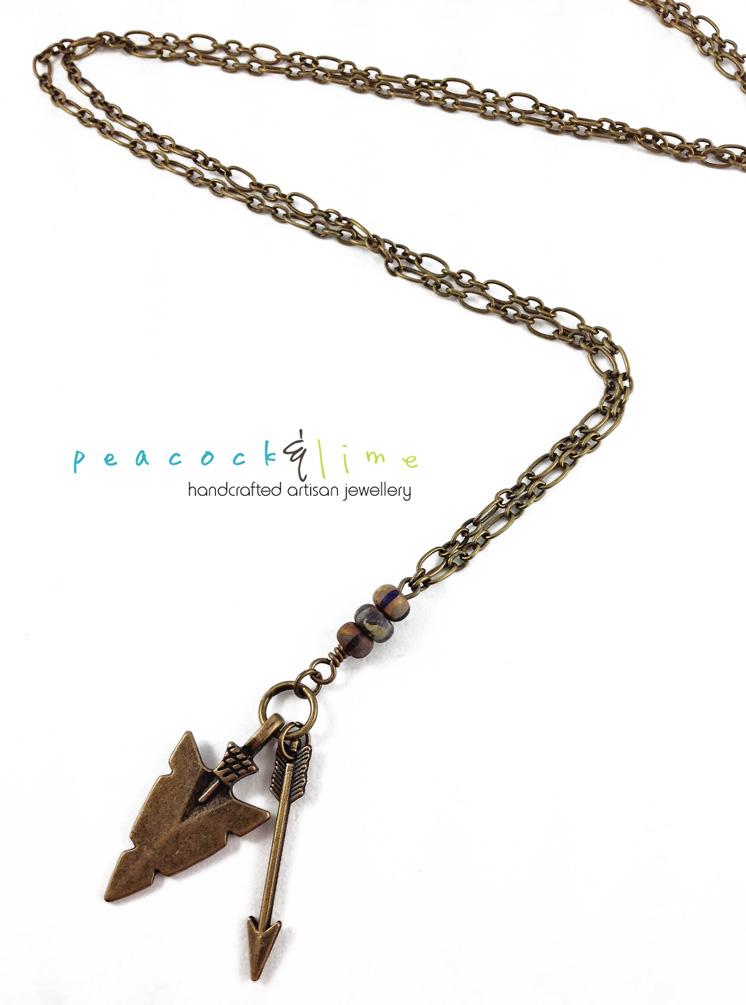 tribal arrowhead and arrow long brass necklace - Peacock & Lime , the original Peacock and Lime boho jewelry