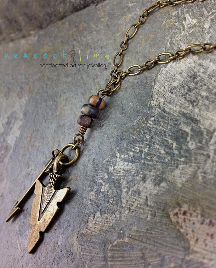 tribal arrowhead and arrow long brass necklace - Peacock & Lime , the original Peacock and Lime boho jewelry