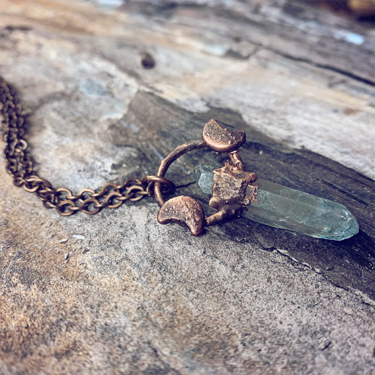 trinity / copper electroformed aqua aura quartz crystal and moon necklace - Peacock & Lime