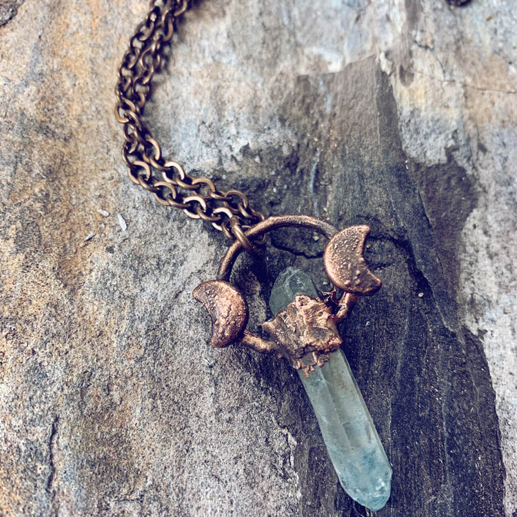 trinity / copper electroformed aqua aura quartz crystal and moon necklace - Peacock & Lime