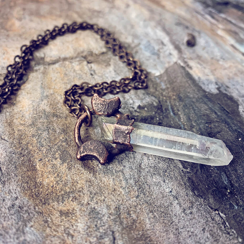 trinity / copper electroformed clear quartz crystal and moon necklace - Peacock & Lime