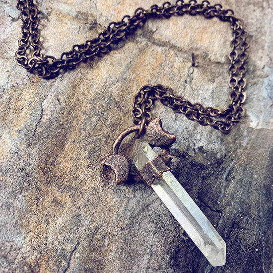 trinity / copper electroformed clear quartz crystal and moon necklace - Peacock & Lime