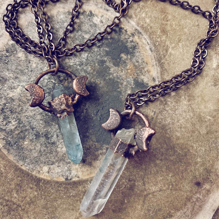 trinity / copper electroformed quartz crystal and moon necklaces - Peacock & Lime