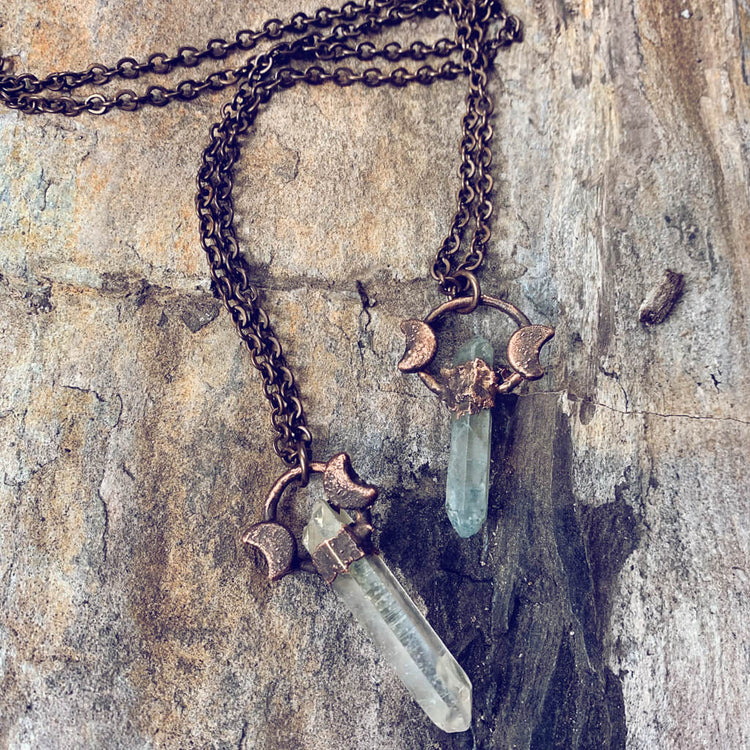 trinity / copper electroformed quartz crystal and moon necklaces - Peacock & Lime